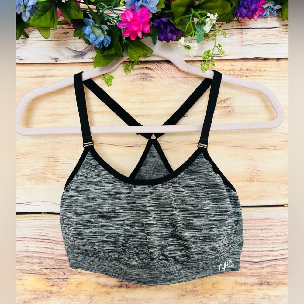 Ryka Women’s Grey Black Logo Scoop Neck Raceback Sports Bra Size XL
